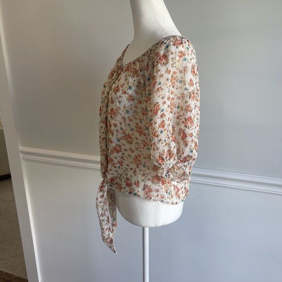 Poetry Large Sheer Ditsy Floral Tie Front Cropped Blouse Dainty Cottage Core - Picture 3 of 10